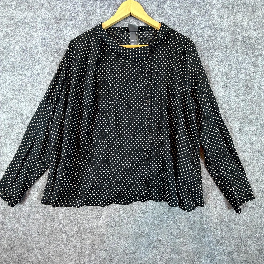 Lilith Blouse Top Women L/42 Black Polka Dot Cotton Collared Asymmetrical Button